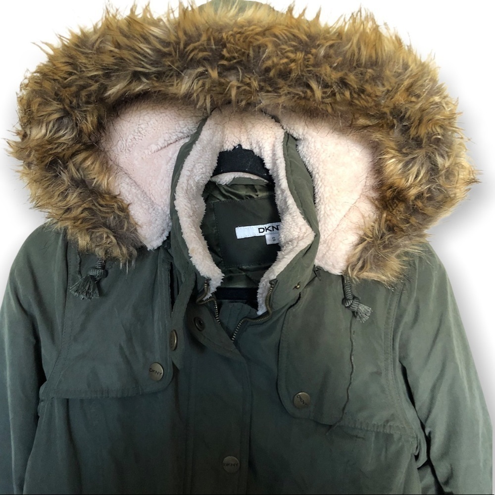 DKNY Anorak Coat faux fur hooded Olive green Size: - Picture 6 of 11